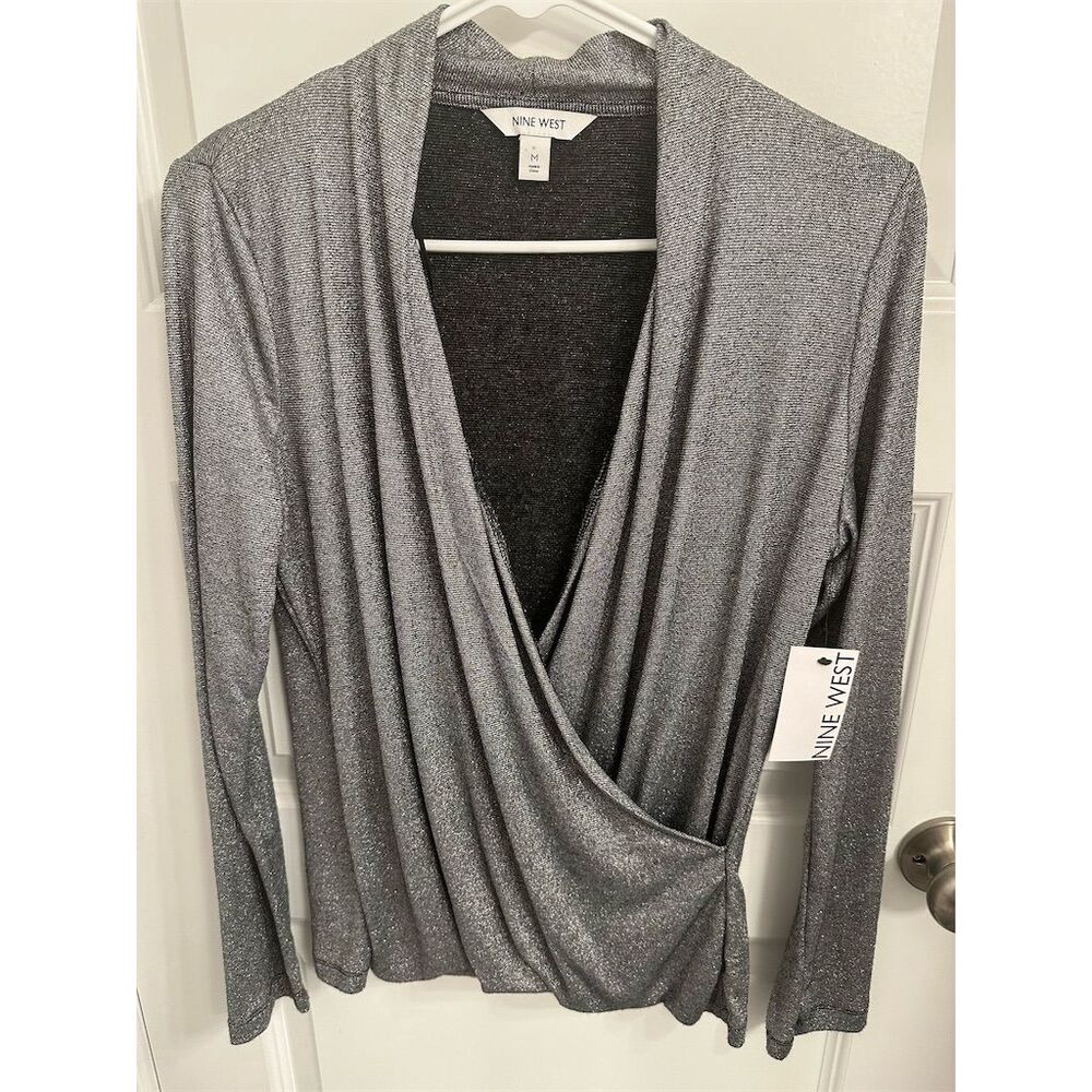 Nine West Women's Gray Metallic Wrap Top Long Sleeve Blouse Size M